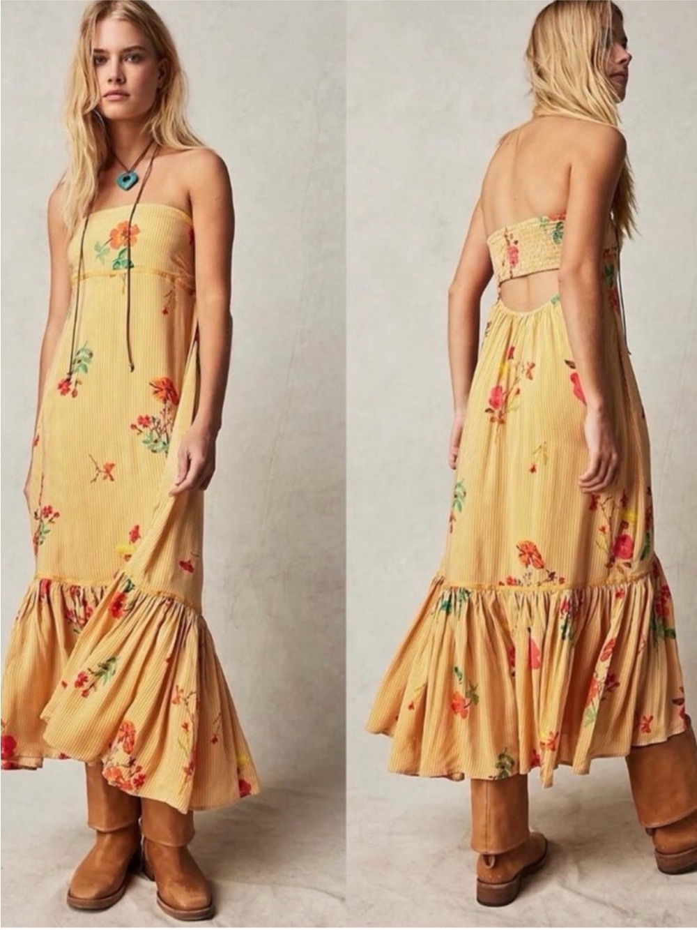 Free People Rosie Posie Midi Strapless Yellow Floral Dress